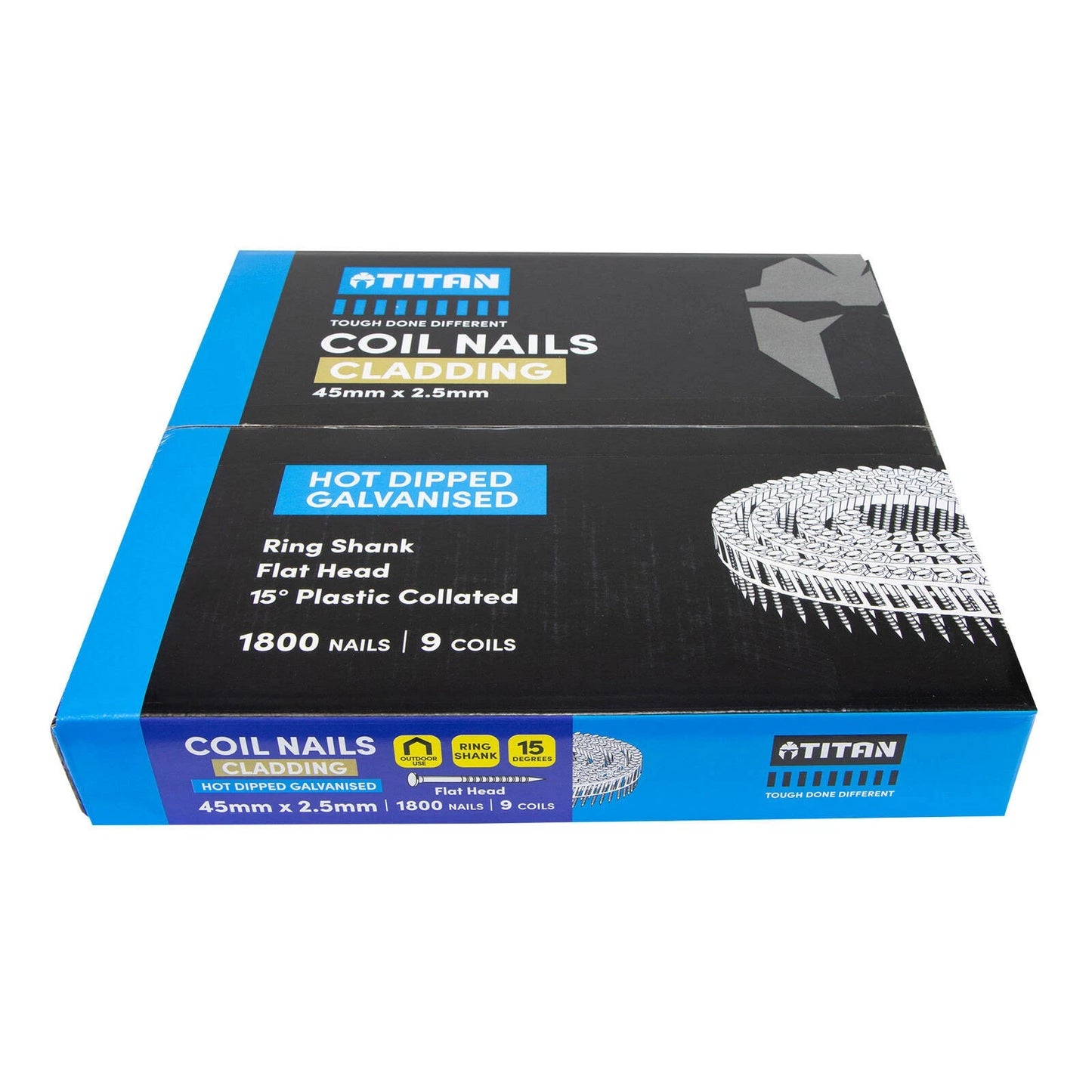 Titan 45x2.5mm Galvanised Coil Nails, 1800 Pack - 15° Angle, Diamond Point, Ring Shank