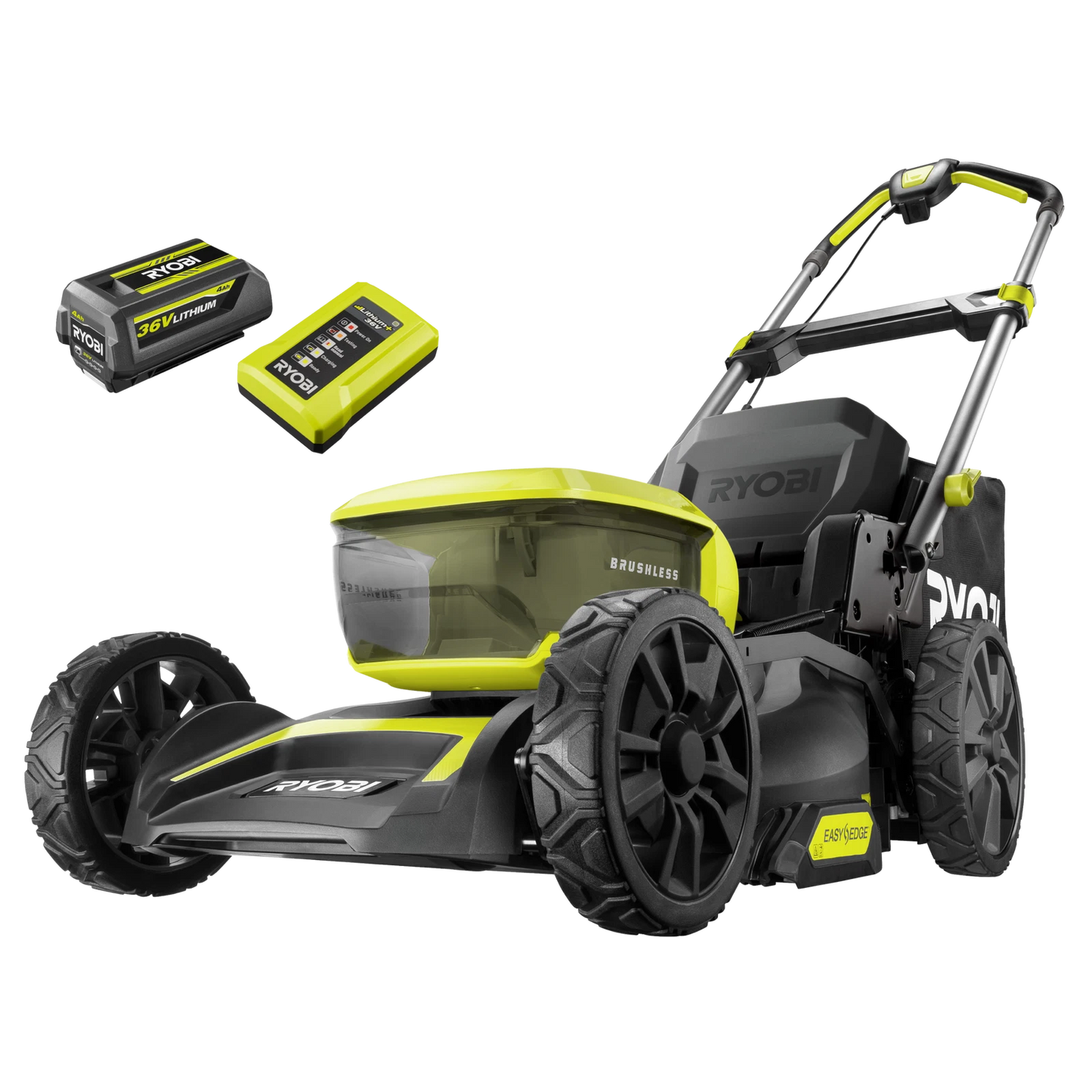 Ryobi 36V Brushless Lawn Mower 46cm, 4.0Ah Battery, Dual Ports, Mulching, Quiet 94dB