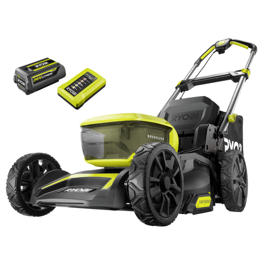Ryobi 36V Brushless Lawn Mower 46cm, 4.0Ah Battery, Dual Ports, Mulching, Quiet 94dB