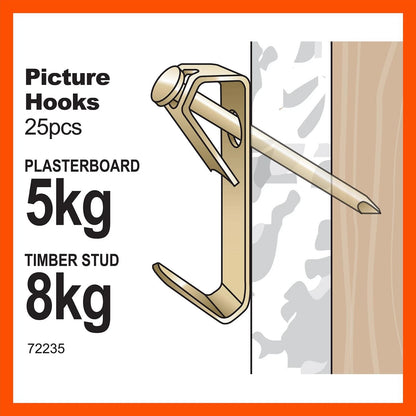 Everhang 8kg Brass Plated Picture Hooks 25 Pack - Strong Load Capacity, Easy Install