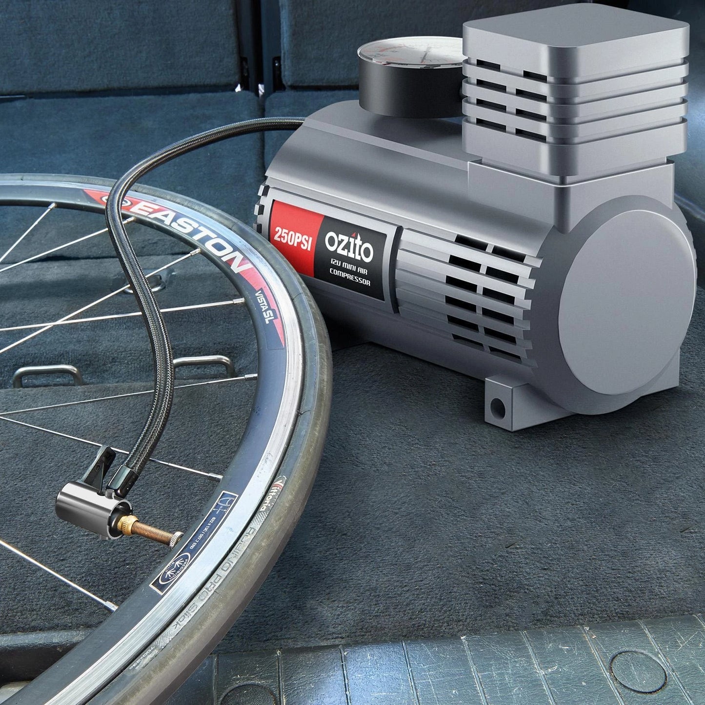 Ozito 12V Mini Air Compressor, Portable Inflator, 250 PSI, 3 Nozzles, Car/Bike/Sports Use