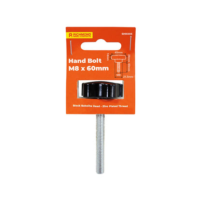 Richmond M8 x 60mm Hand Bolt, Black Bakelite Head, Zinc-Plated Thread, Easy Manual Operation