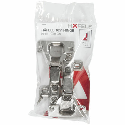 Hafele 105° Inset Clip-On Hinge Pair, Durable Steel, Automatic Closing, 3D Adjustment