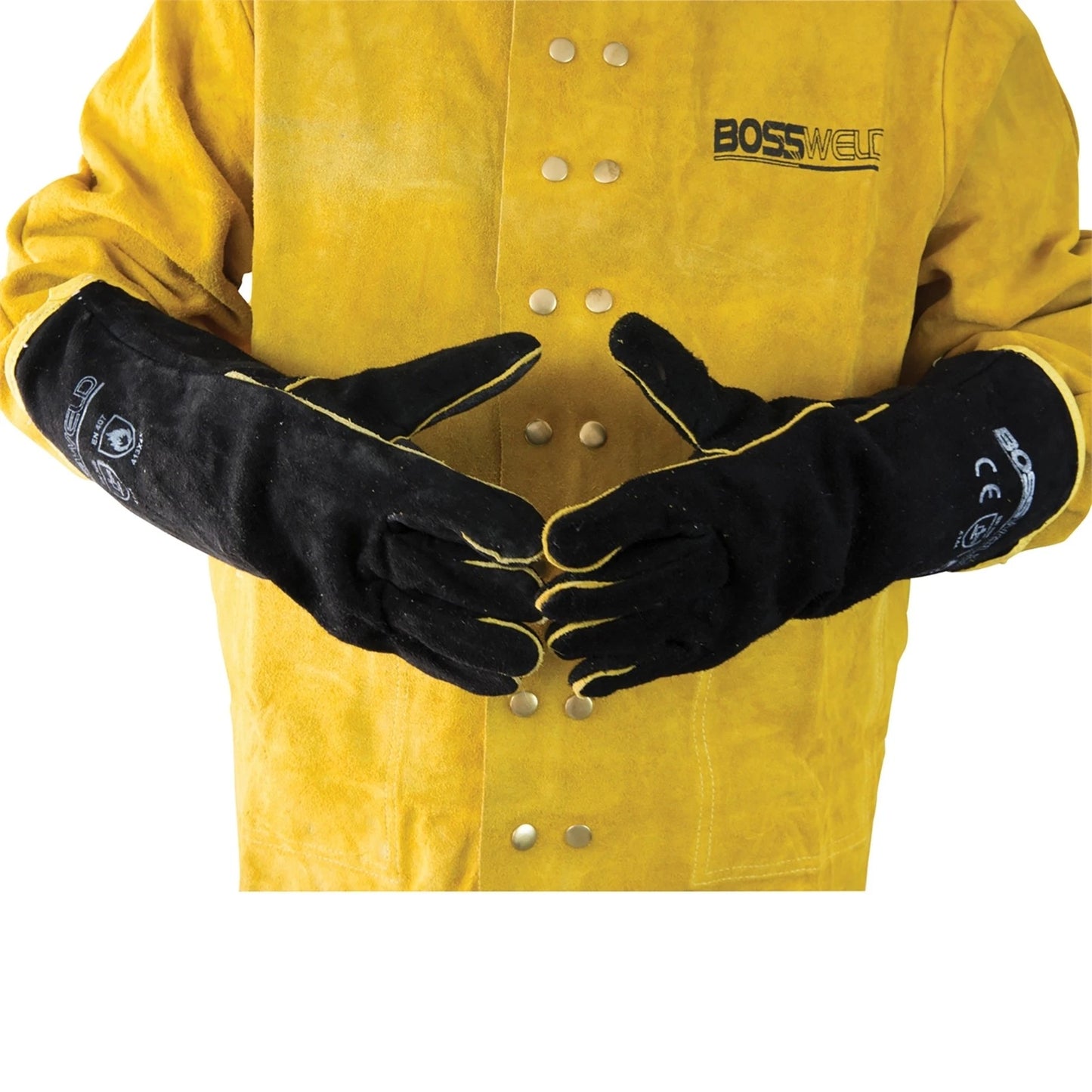 Bossweld 16" Black & Gold Welding Gloves, Heavy Duty, Fully Lined, Extended Length, Reinforced Palm