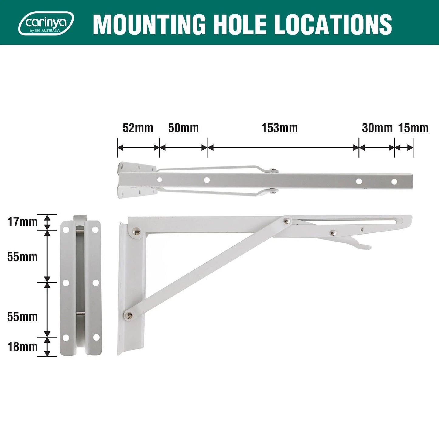 Carinya White Folding Spring Loaded Bracket 300x145mm, 50kg Load, Indoor/Outdoor Use