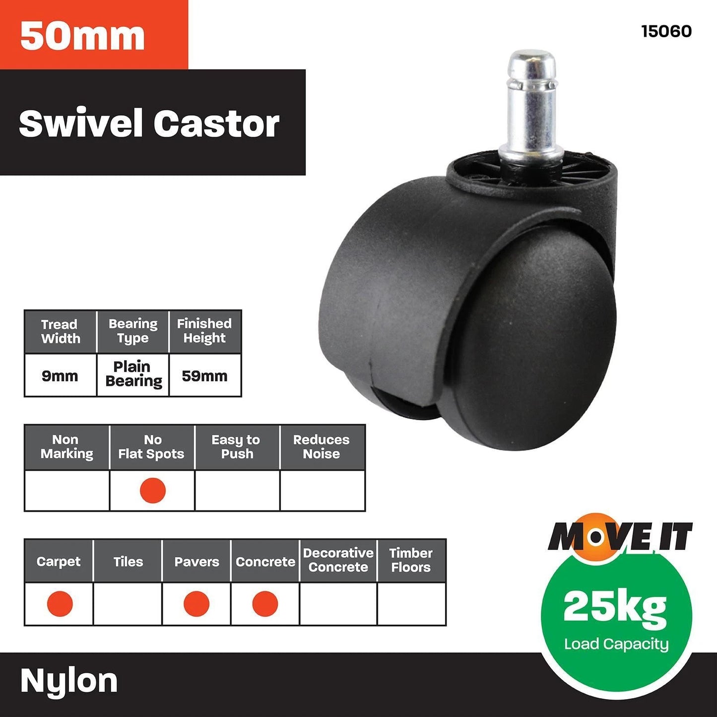Move It 50mm Black Hooded Office Chair Castors - Twin Wheel, Swivel, 2 Pack