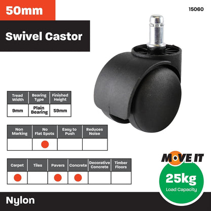 Move It 50mm Black Hooded Office Chair Castors - Twin Wheel, Swivel, 2 Pack