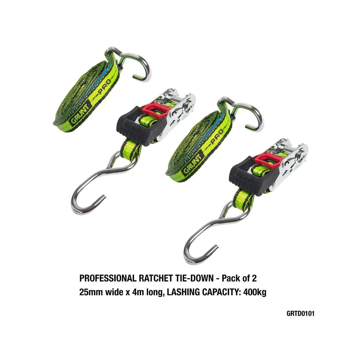 Grunt Pro 25mm x 4m Reflecta Webbing Ratchet Tie Down - 2 Pack, Chrome Finish