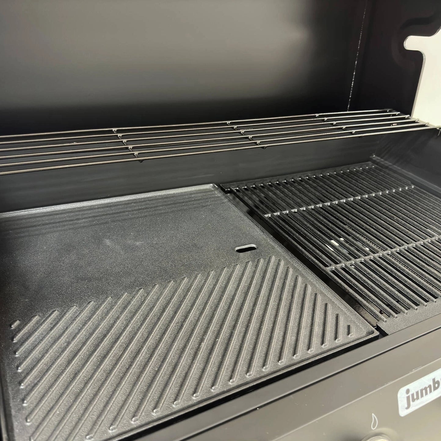 Jumbuck 4 Burner Hooded Gas BBQ, Cast Iron Grill, Auto Ignition, Portable, Black