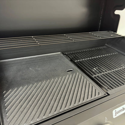 Jumbuck 4 Burner Hooded Gas BBQ, Cast Iron Grill, Auto Ignition, Portable, Black