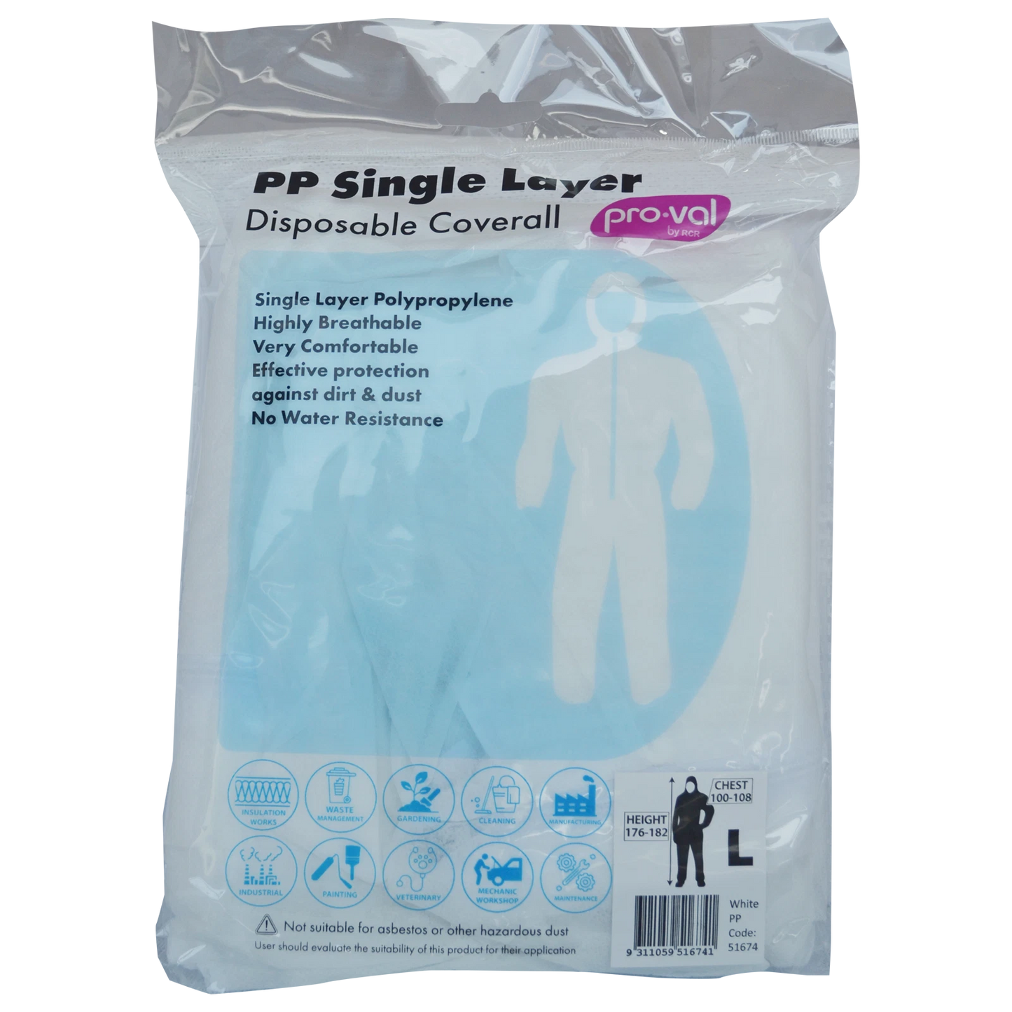 Pro-Val Disposable Coverall Large - Breathable, Dust Resistant, Elasticated Fit