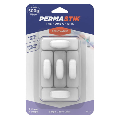 Permastik Large Cable Clips 5 Pcs, No Drilling, Clean Removal, Holds 500g, White