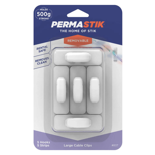 Permastik Large Cable Clips 5 Pcs, No Drilling, Clean Removal, Holds 500g, White