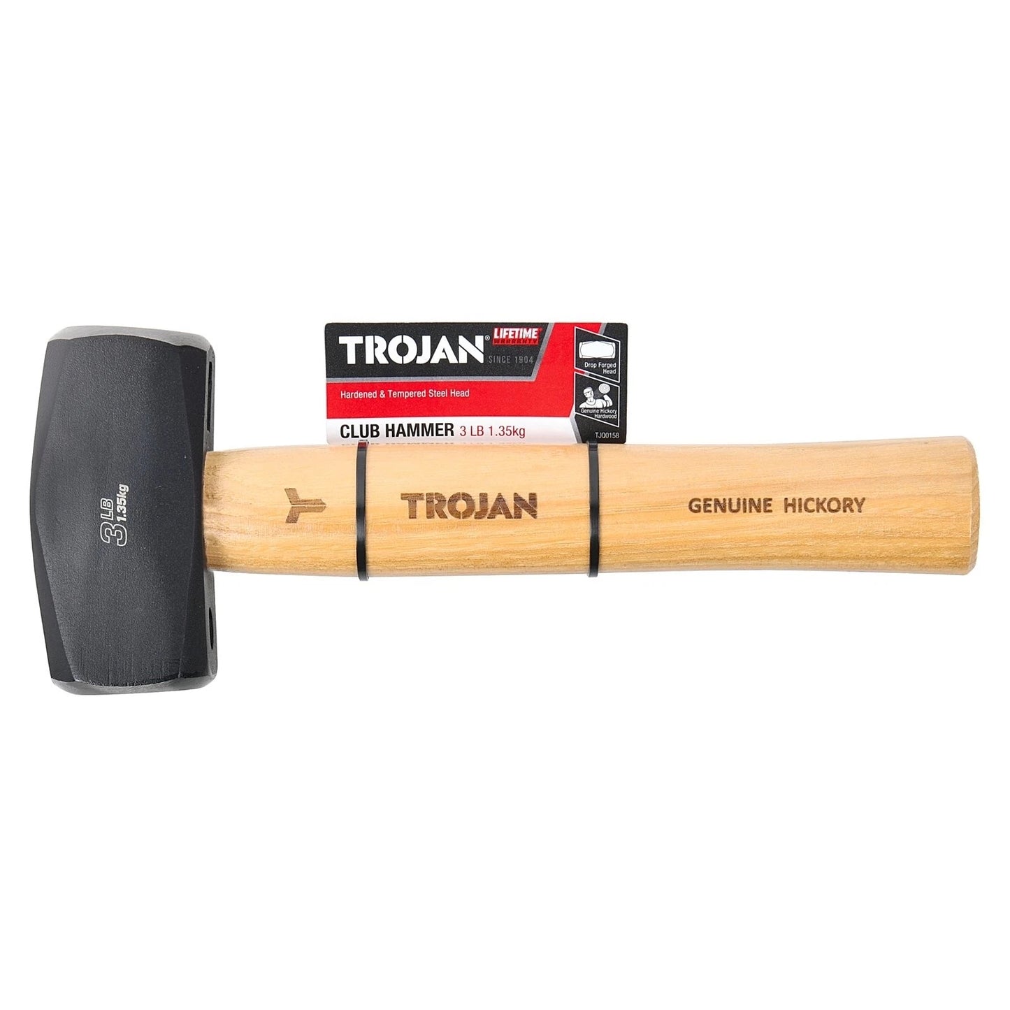 Trojan 1.3kg Timber Club Hammer, Induction Hardened Head, Hickory Handle, Lifetime Warranty