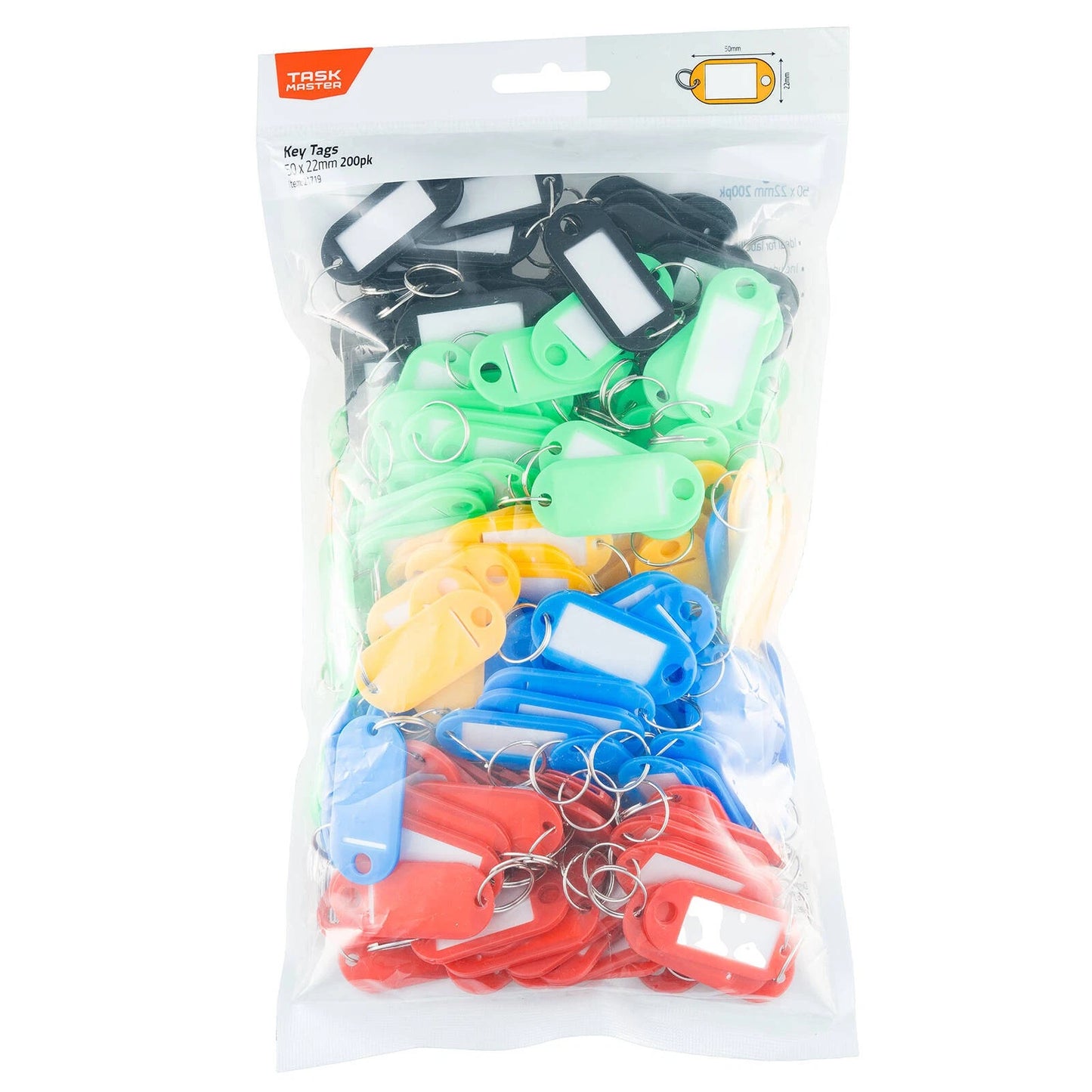 Taskmaster 50x22mm Key Tags 200 Pack, Writable Inserts, Assorted Colours, Durable Key Rings