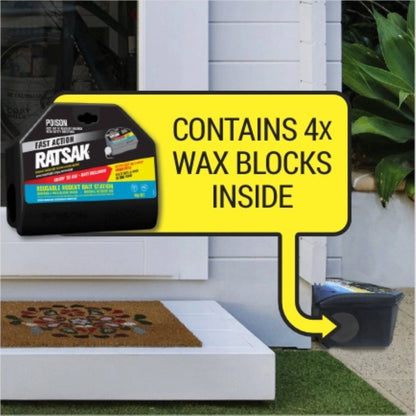 RATSAK Fast Action Reusable Rodent Bait Station with Wax Blocks, Indoor/Outdoor Use