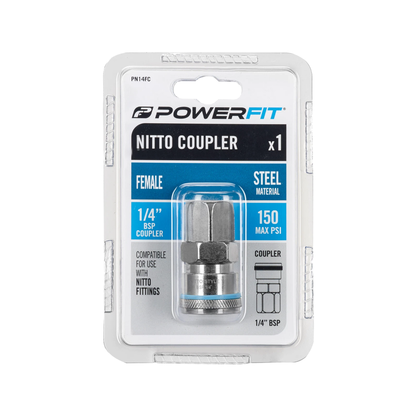 Powerfit Nitto Style ¼” Female Coupler, 150 PSI, Durable Steel, Blue Band