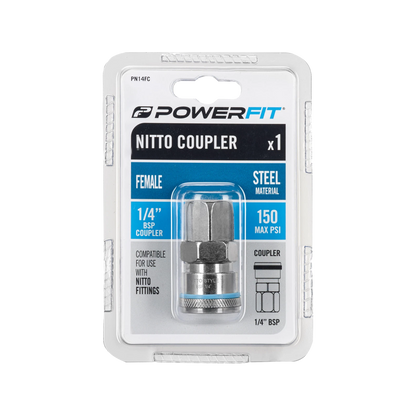 Powerfit Nitto Style ¼” Female Coupler, 150 PSI, Durable Steel, Blue Band
