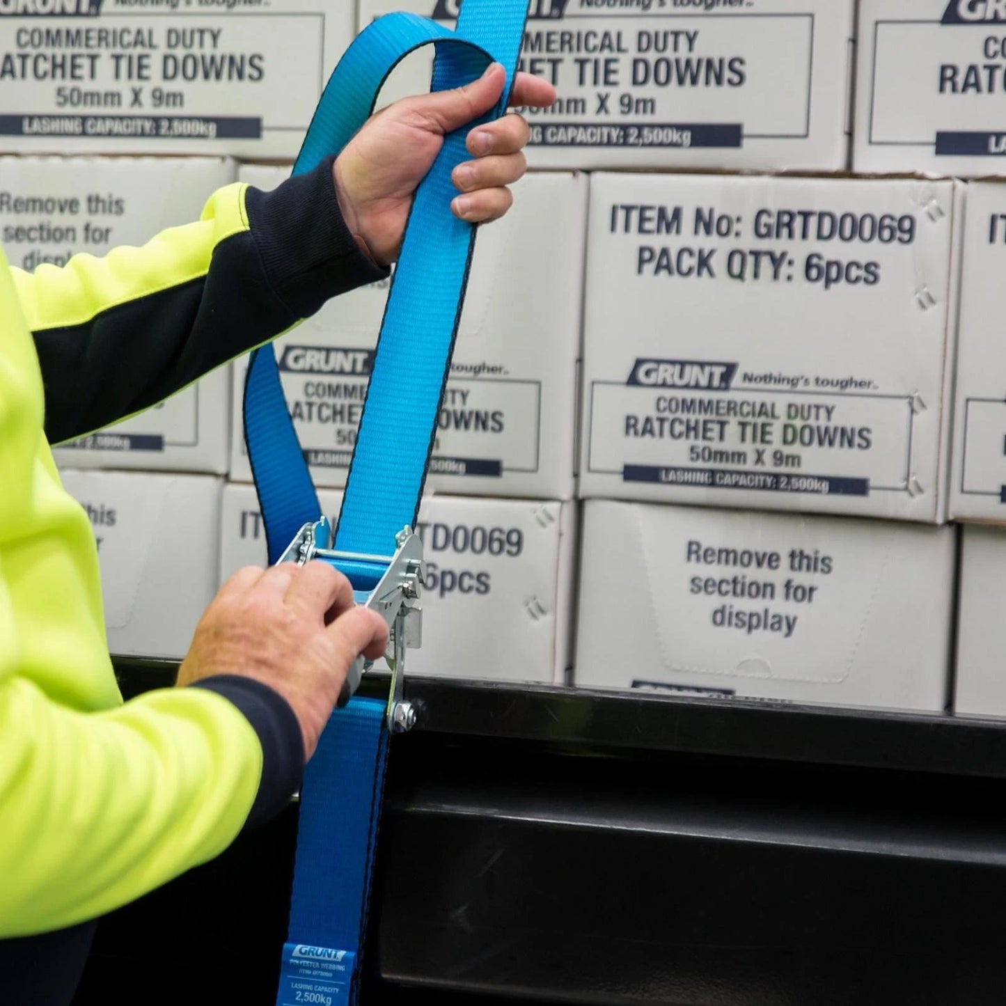 Grunt 50mm x 9m Ratchet Tie Down, 2500kg Capacity, Polyester Webbing