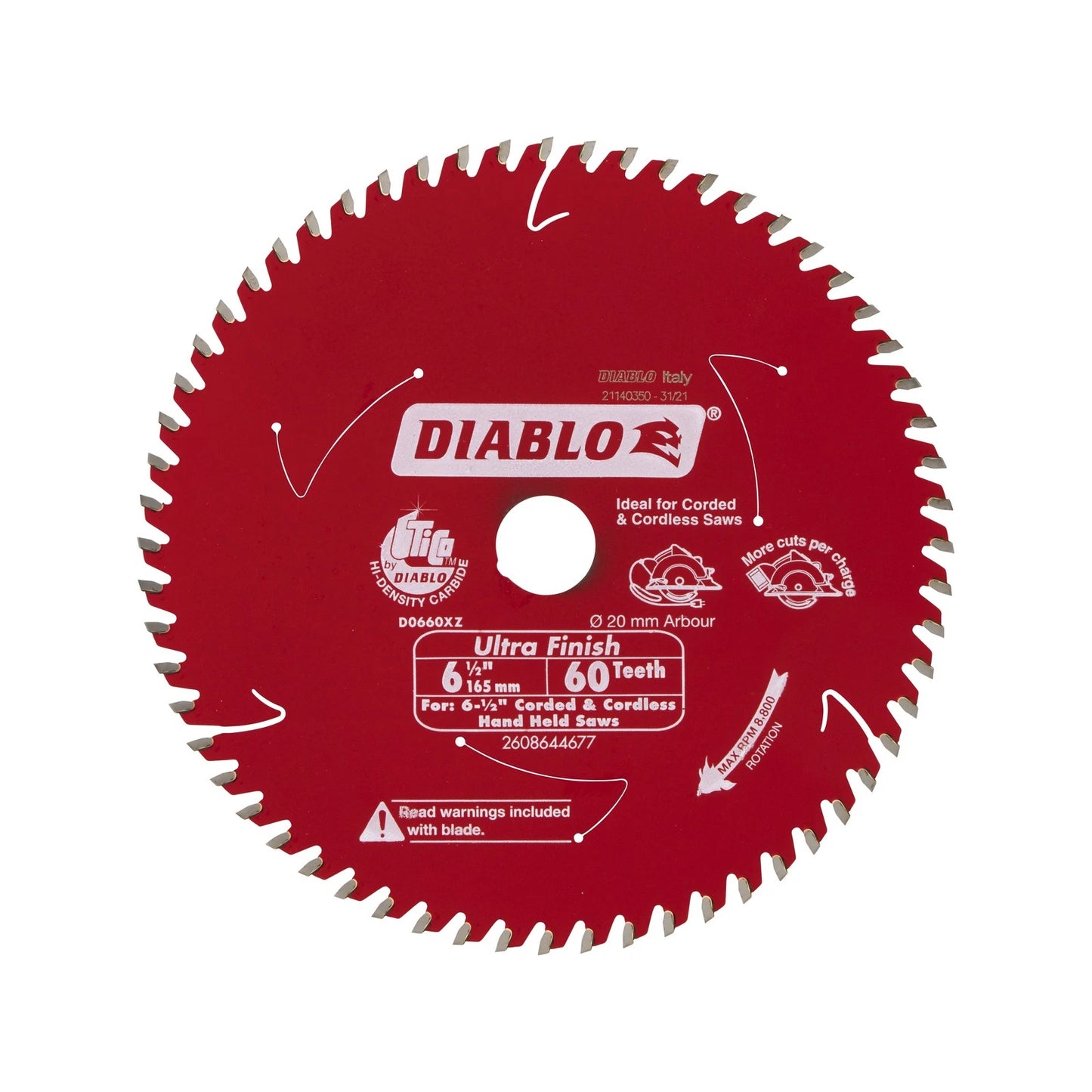 Diablo 165mm 60T Ultra Finish Circular Saw Blade, TiCo Carbide, Non-Stick Coating