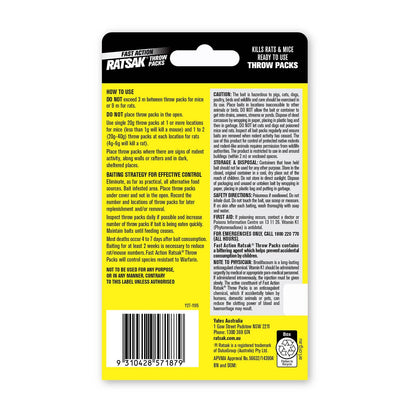 Ratsak 100g Fast Action Rodent Control Throw Pcs - Brodifacoum, Child & Pet Safe