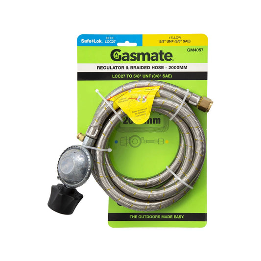 Gasmate 2000mm Regulator & Braided Hose LCC27 to 5/8" UNF for BBQ & Camping
