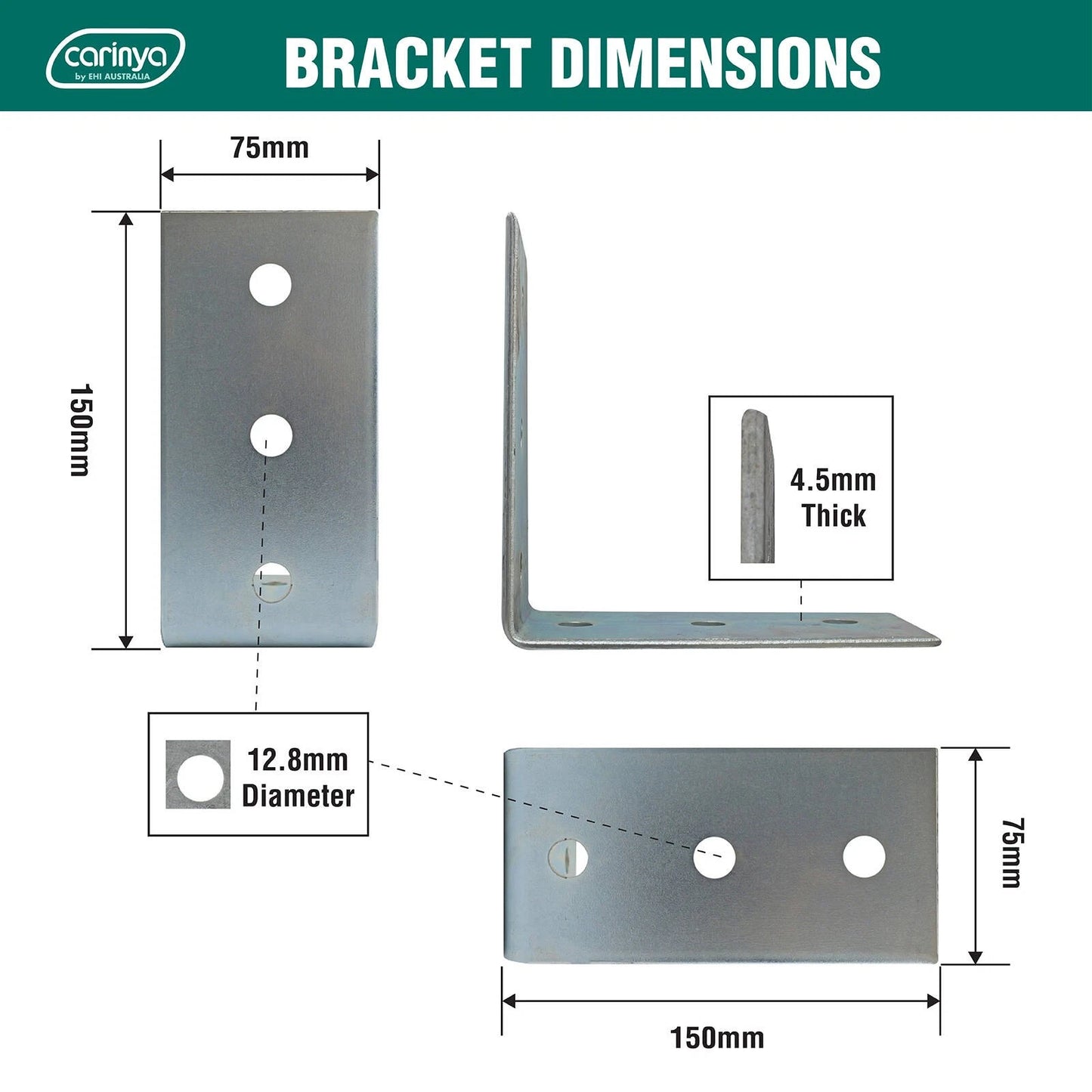 Carinya Zinc Plated Reinforcing Angle Bracket 150x150x75mm - Durable Steel, Indoor/Outdoor Use