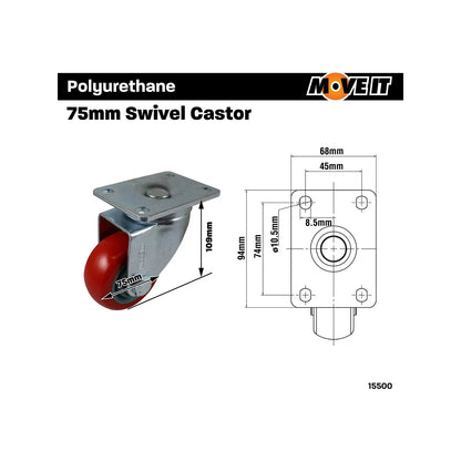 Move It 75mm Red Polyurethane Swivel Castor 120kg Load Capacity