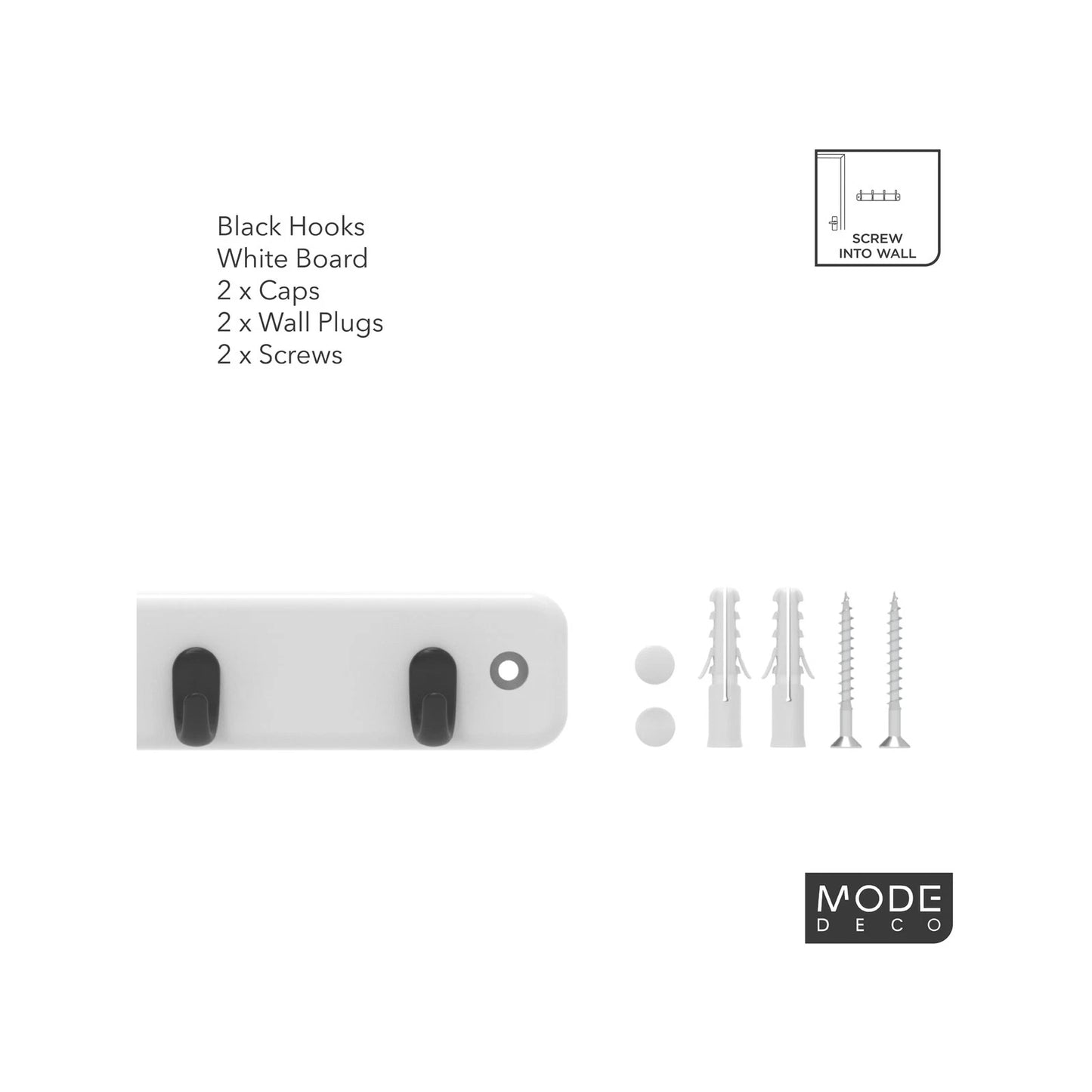 MODE 4 Key Rack with Black Hooks on White Board, Durable & Stylish Design