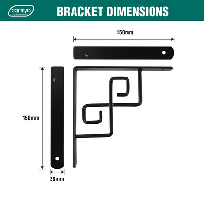 Carinya Black Square Scroll Stayed Bracket 150x150mm, Powder Coated Steel, 30kg Load Capacity