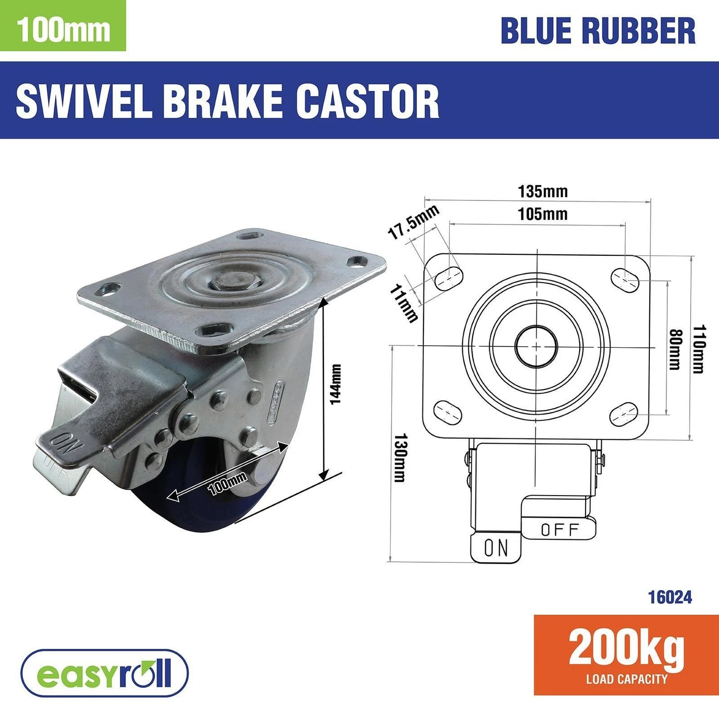 Easyroll 100mm Blue Rubber Swivel Brake Castor, Non-Marking, 200kg Capacity