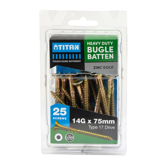 Titan 14g x 75mm Zinc Gold Bugle Batten Screw - 25 Pcs, Corrosion Resistant, High-Torque