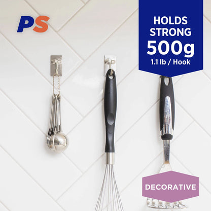 Permastik Small Steel Kitchen Hooks 6 Pack - No-Drill, 500g Load, Stainless Steel