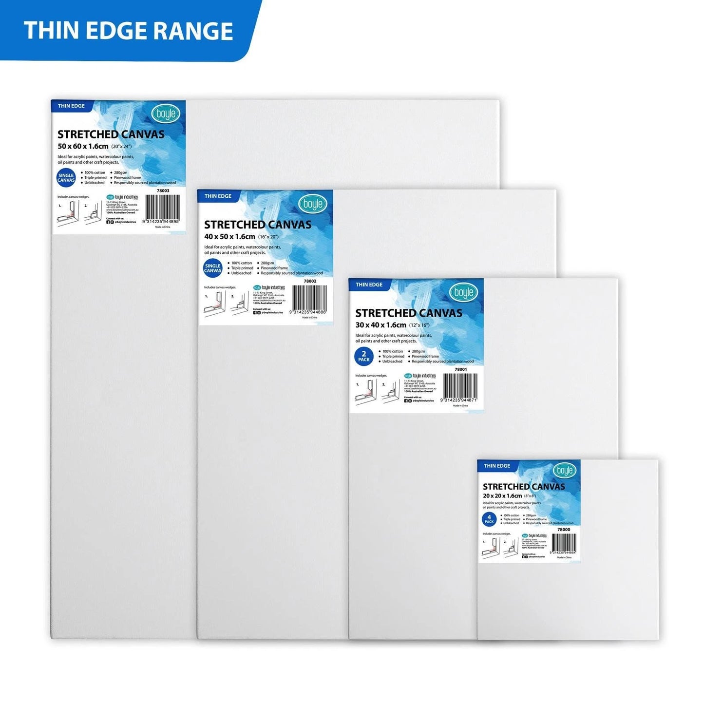 Boyle 30x40cm Thin Edge Stretched Canvas 2 Pack - 100% Cotton, Triple Primed, Pinewood Frame