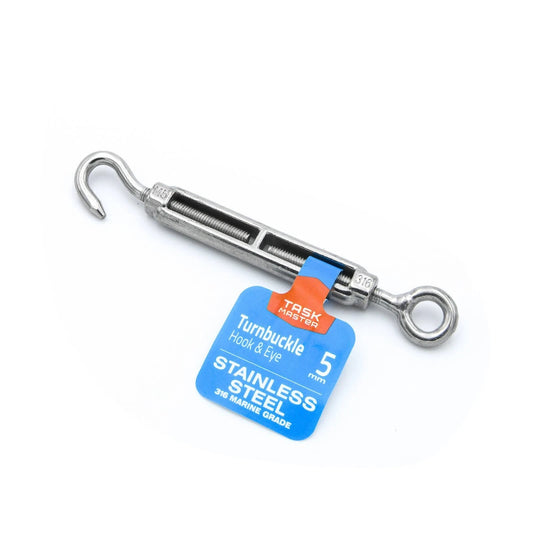 Taskmaster 5mm Marine-Grade Stainless Steel Hook & Eye Turnbuckle for Rigging & Tensioning