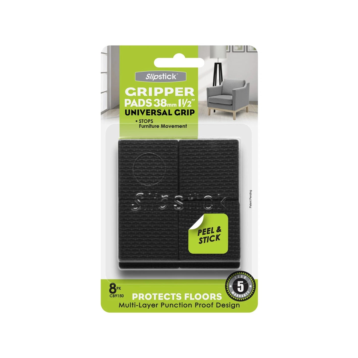 Slipstick 38mm Square Gripper Floor Protection Pads, Non-Slip, 8 Pack, 5-Year Warranty