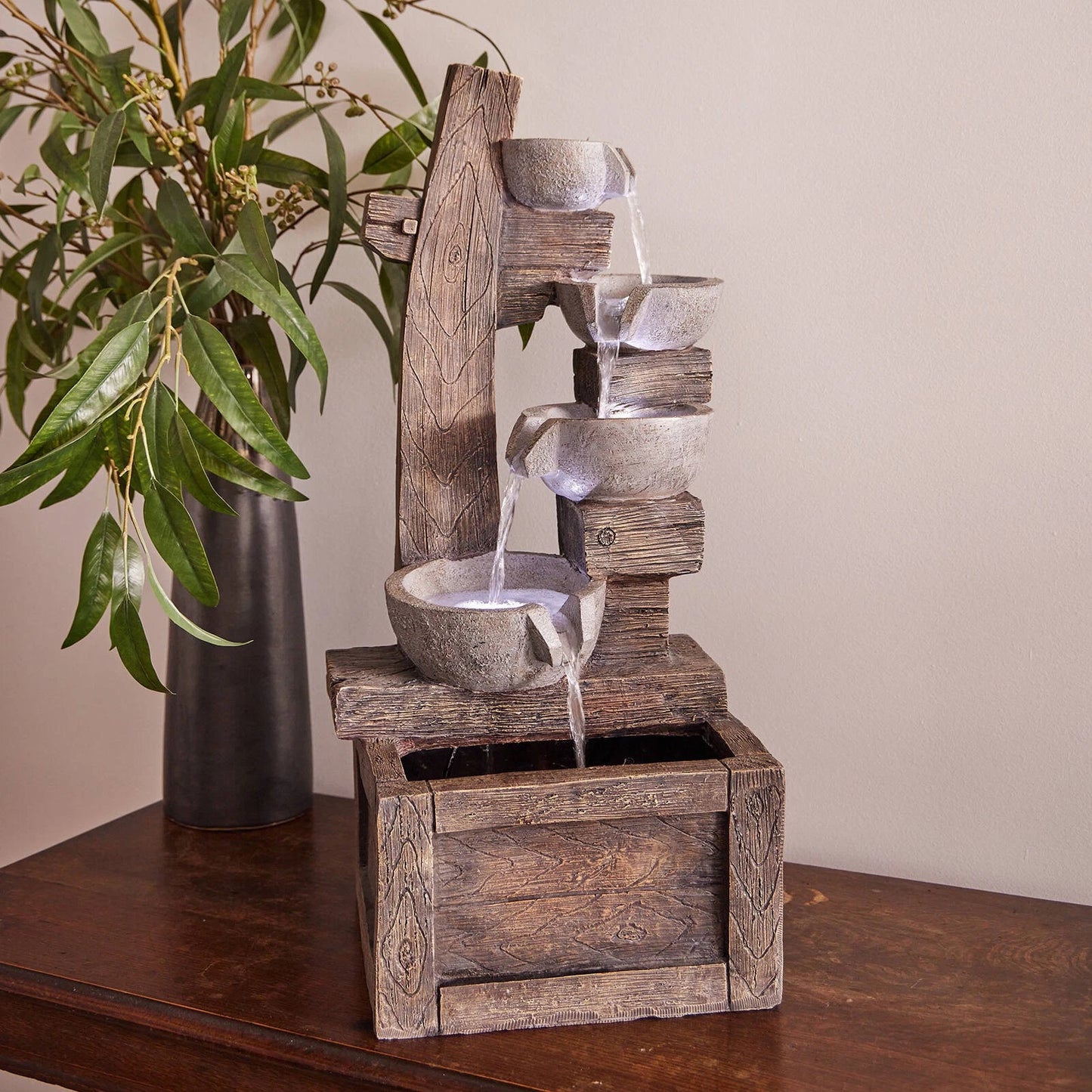 Northcote Pottery Willow Water Feature 32x27x66cm with Timber Design & Lighting