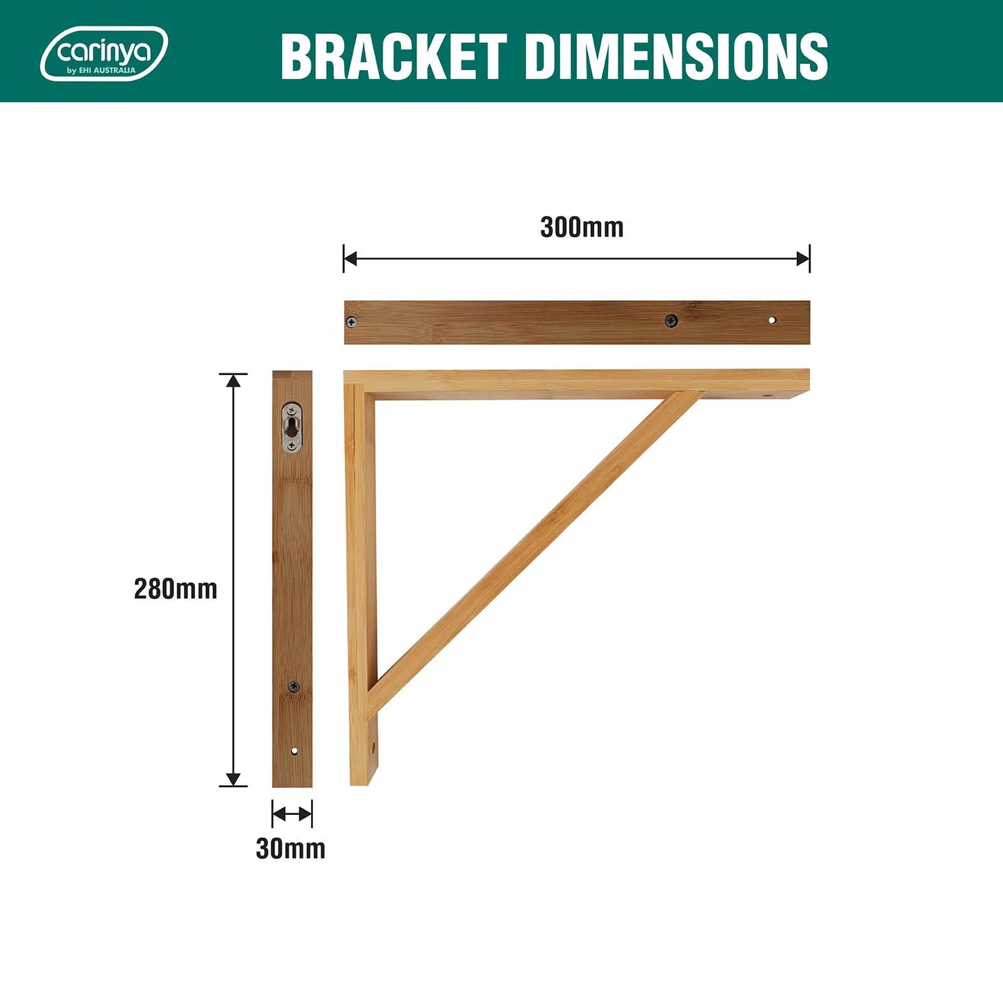 Carinya Bamboo Stayed Bracket 300x280mm, Varnished, 30kg Load Capacity, Wall Mount