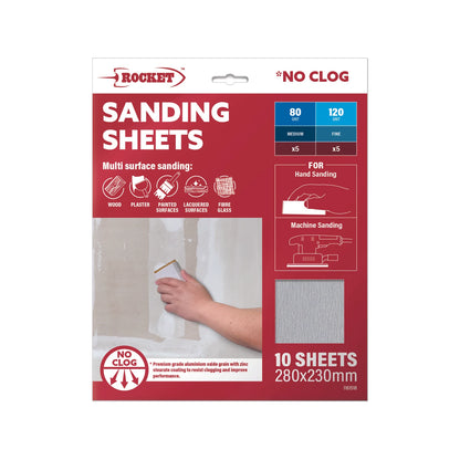 Rocket Premium Sanding Sheets 10 Pack, No Clog, 80-240 Grit, Hand & Machine Use