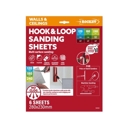 Rocket Non Clog Sanding Sheets 280x230mm Hook & Loop, Assorted Grits, Versatile Use