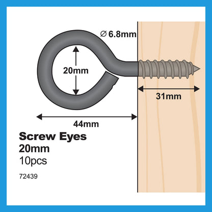 Everhang 20mm Black Screw Eye Hook - Zinc Plated, 10 Pack, Easy Install, Durable