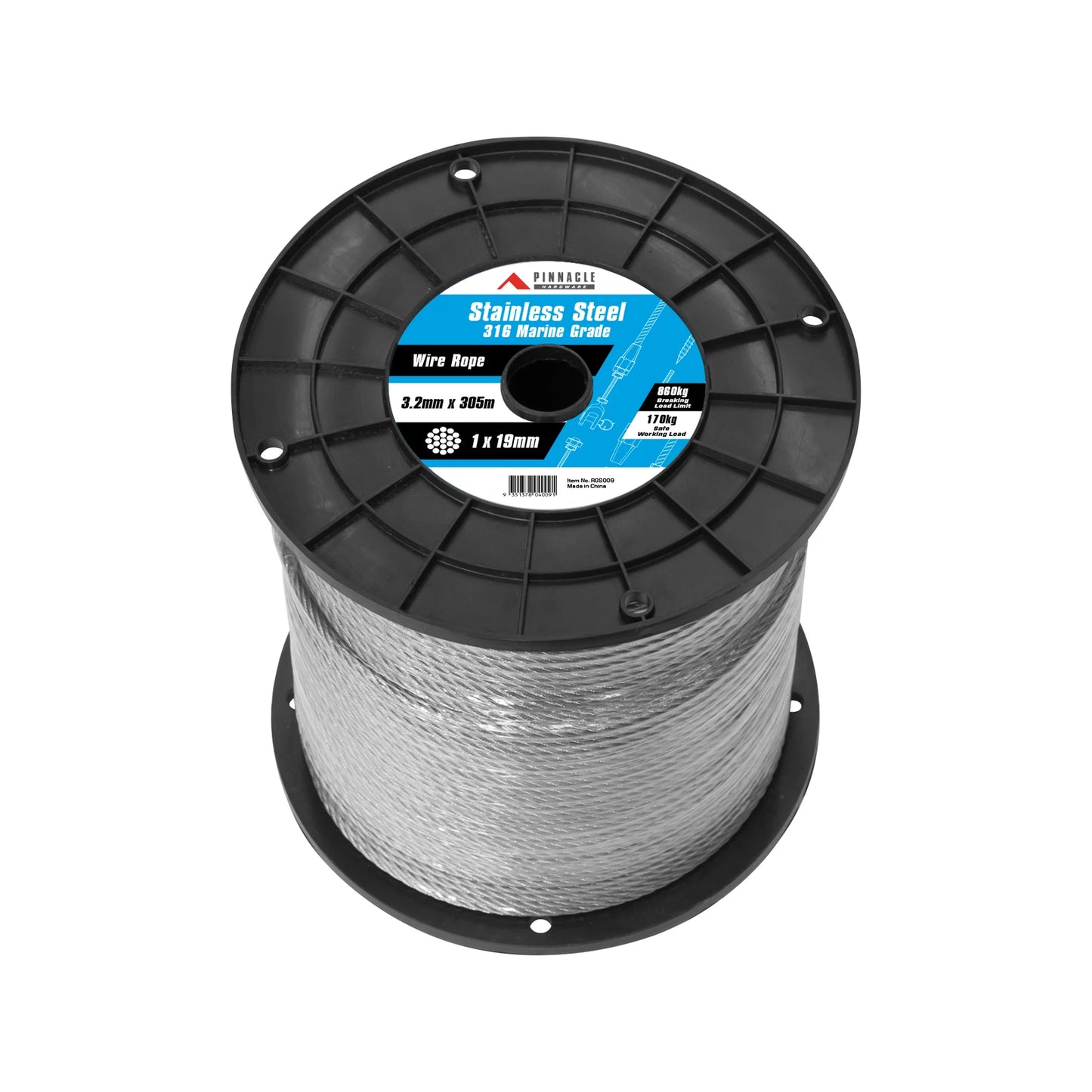 Pinnacle 3.2mm x 305m Marine Grade 316 Stainless Steel Wire Rope, 1x19 Construction, 170kg WLL