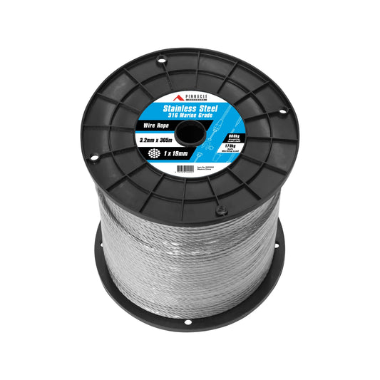 Pinnacle 3.2mm x 305m Marine Grade 316 Stainless Steel Wire Rope, 1x19 Construction, 170kg WLL