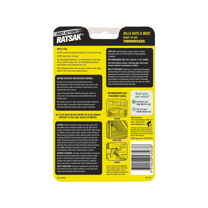 Ratsak 100g Fast Action Rodent Control Throw Packs - 5 x 20g, Fast-Acting, Safe for Kids & Pets