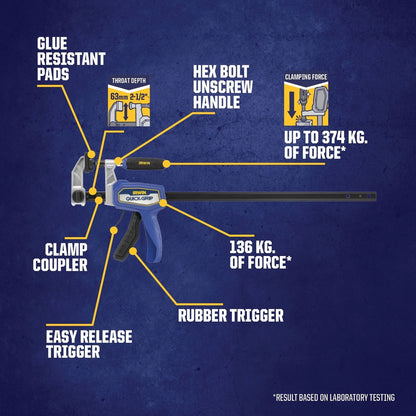 IRWIN 450mm Quick Grip Hybrid Bar Clamp, 374kg Force, Steel I-Beam, Deep Throat