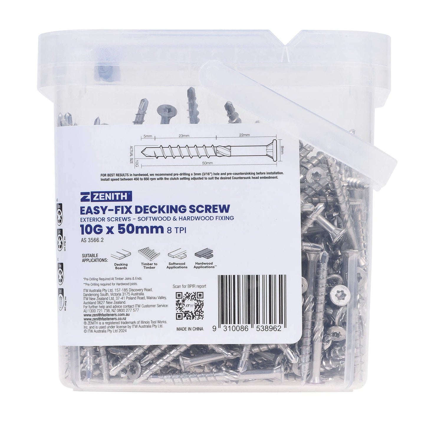 Zenith Easy-Fix Decking Screws T20 10G x 50mm SS304 Stainless Steel 500 Pcs