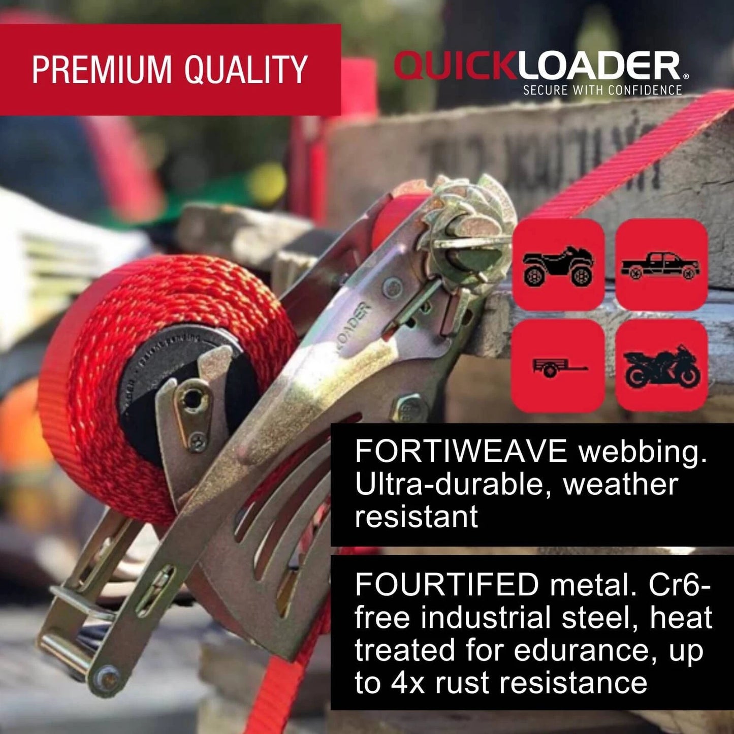 Quickloader 4.2m Retractable Ratchet Tie Down Straps 400kg 2 Pack - Tangle-Free, Durable, Safe