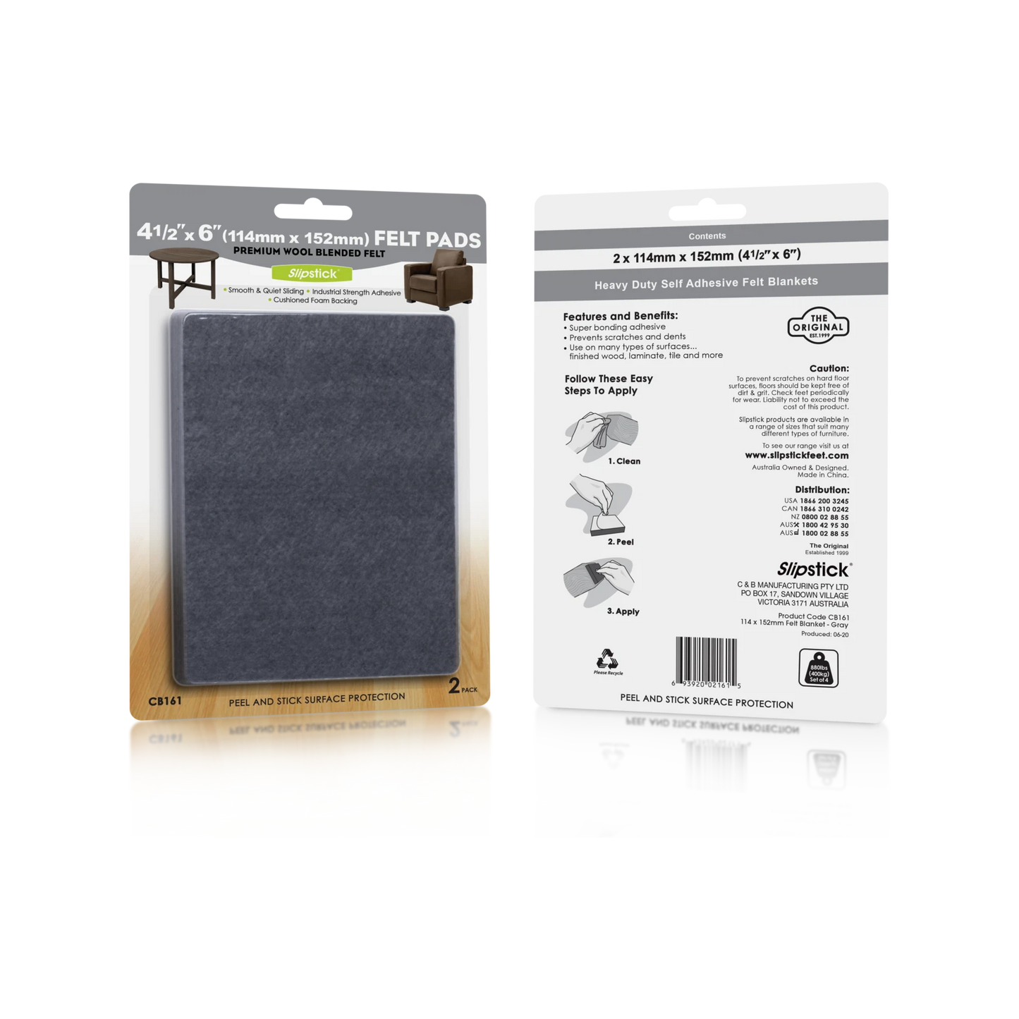 Slipstick Heavy Duty Self-Adhesive Floor Felt Pads 114x152mm Grey 2 Pack