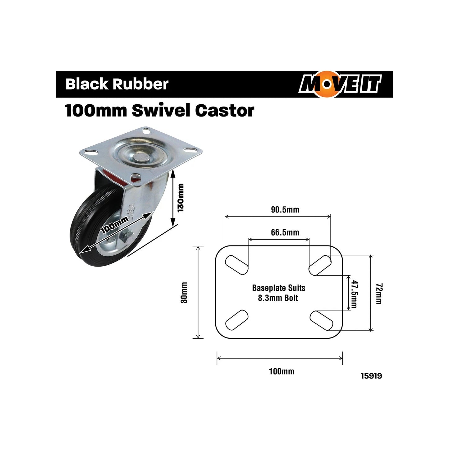 Move It 100mm Black Rubber Swivel Plate Castor 70kg Load Capacity
