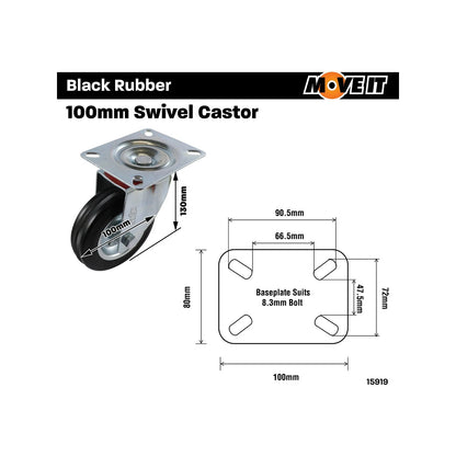Move It 100mm Black Rubber Swivel Plate Castor 70kg Load Capacity